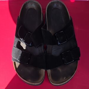 Birkenstock Black Suede Two-Strap Slide Sandals